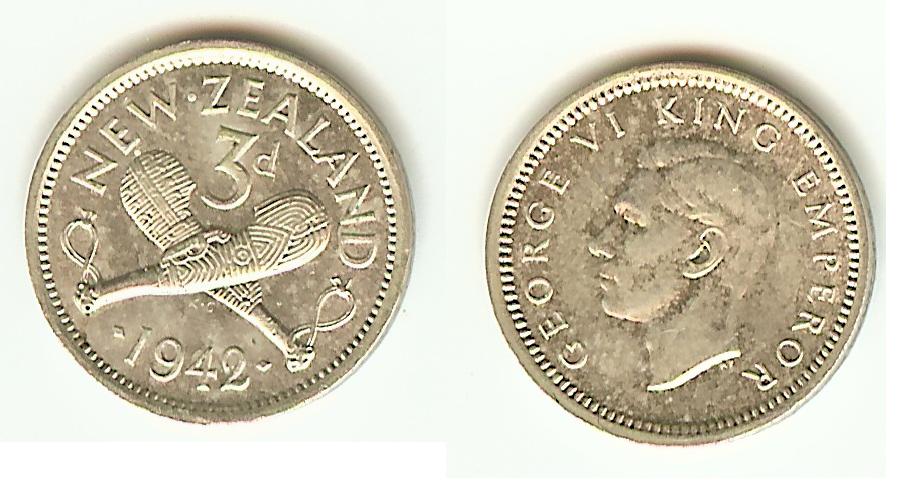 New Zealand 3 Pence 1942 AU+/Unc
